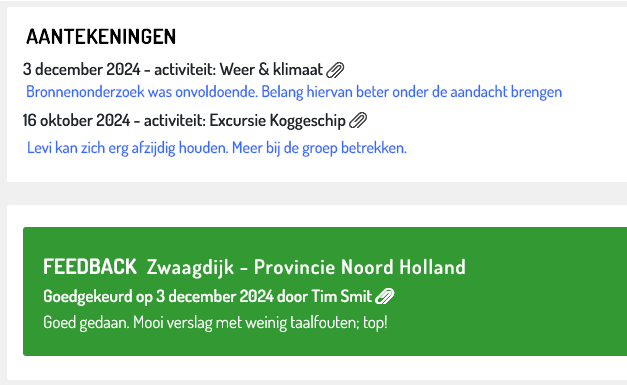 Voorbeeld van hoe aantekeningen in het dossier naar voren komen.