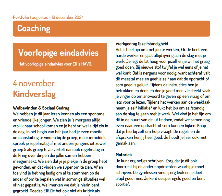 Voorbeeld van hoe een kindverslag er in het dossier uit kan zien.